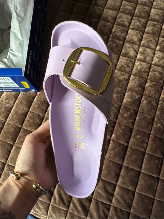 Birkenstock Shoes - Birkenstock Lavender Slide with Large Gold Buckle